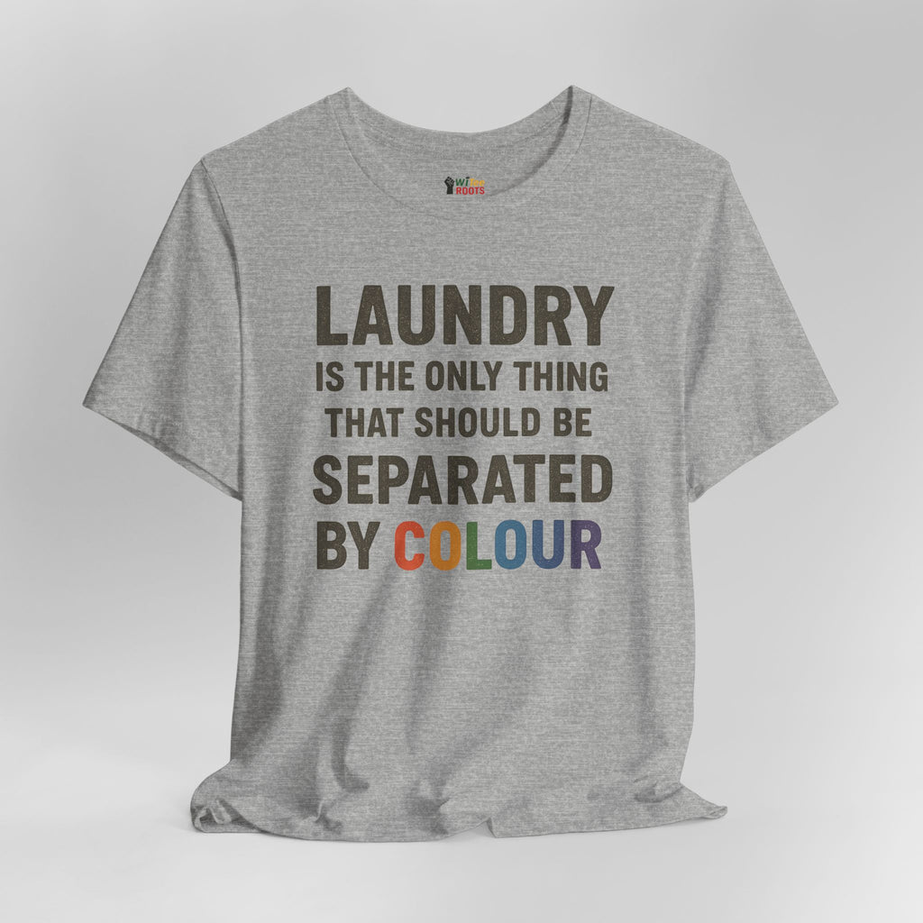 Gray t-shirt with humorous laundry text design on a light gray background