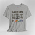 Gray t-shirt with humorous laundry text design on a light gray background