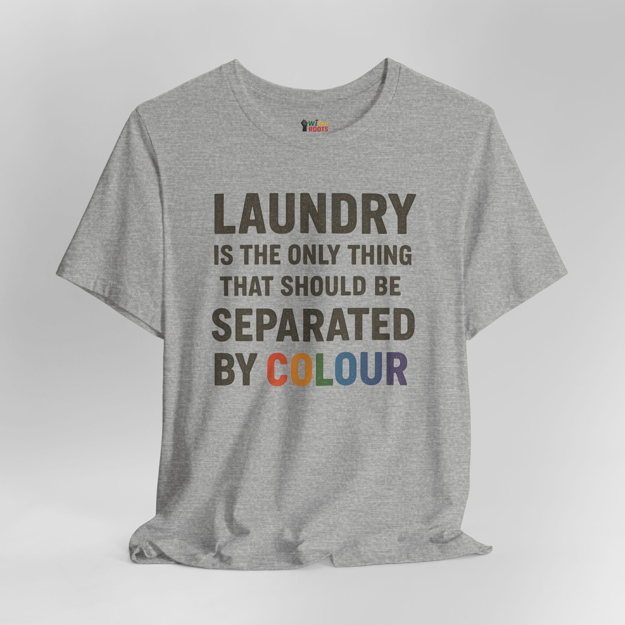 Gray t-shirt with humorous laundry text design on a light gray background