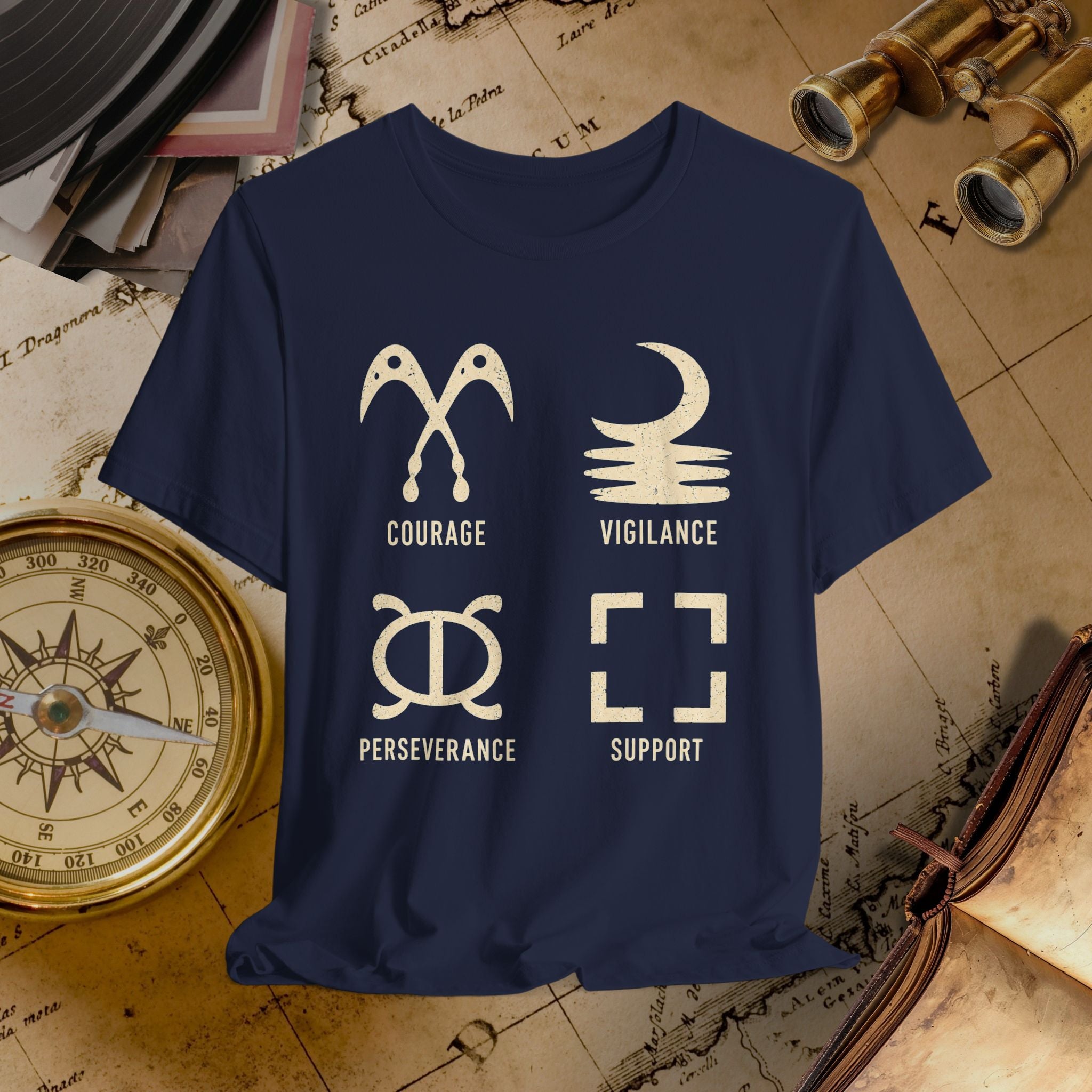 Navy blue t-shirt with white symbols and text on a vintage map background