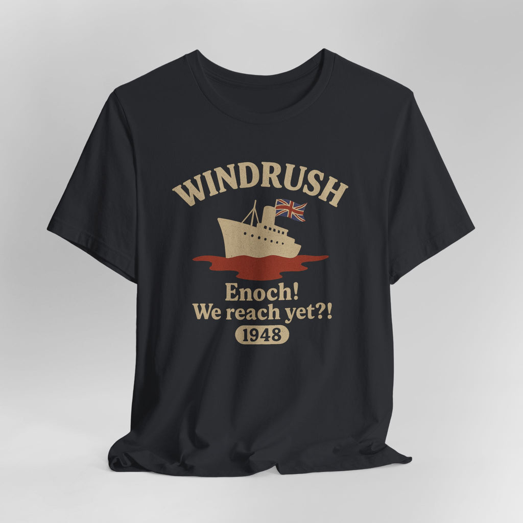 Black t-shirt with 'Windrush' design featuring a ship and text on a gray background