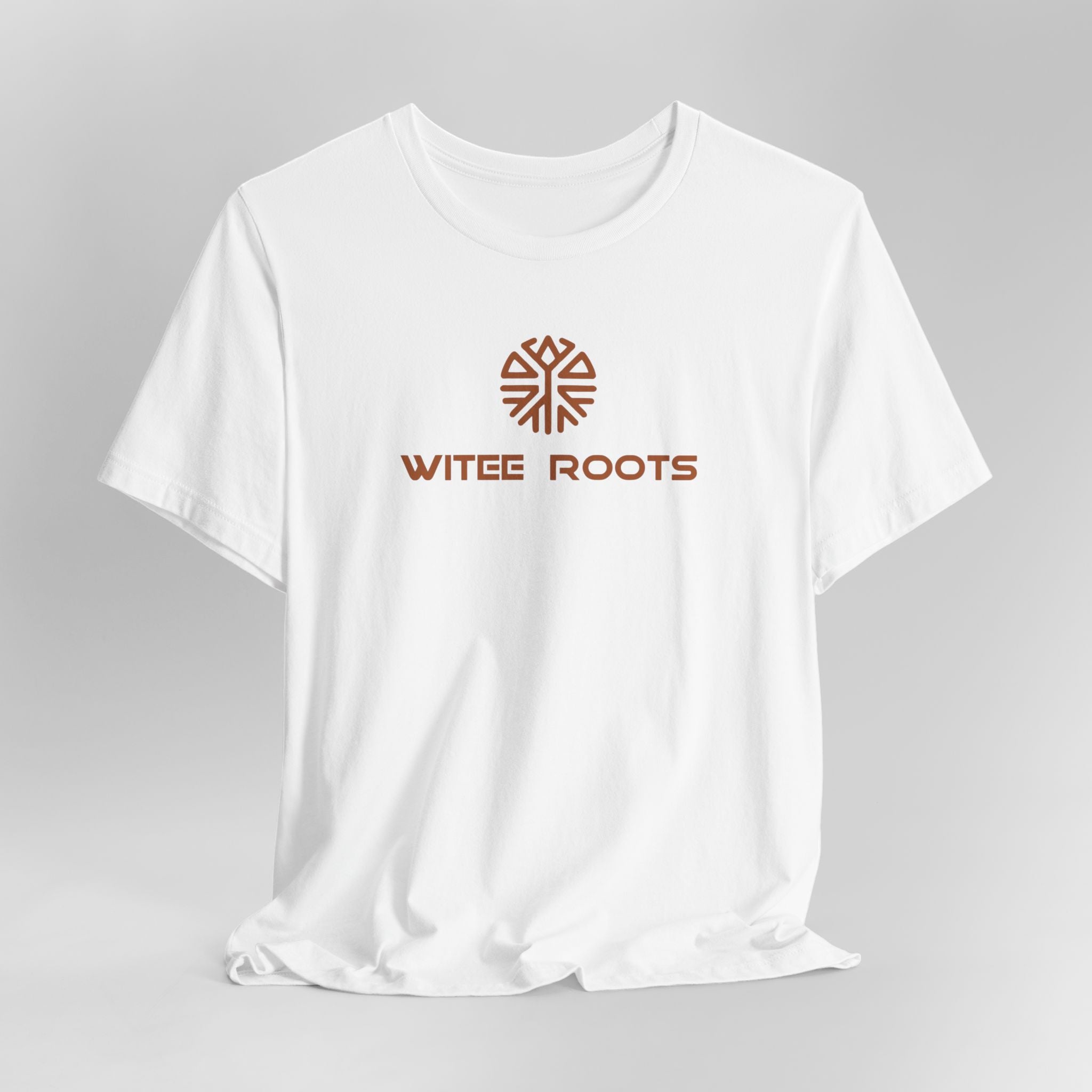 White t-shirt with 'WITEE ROOTS' logo on a gray background