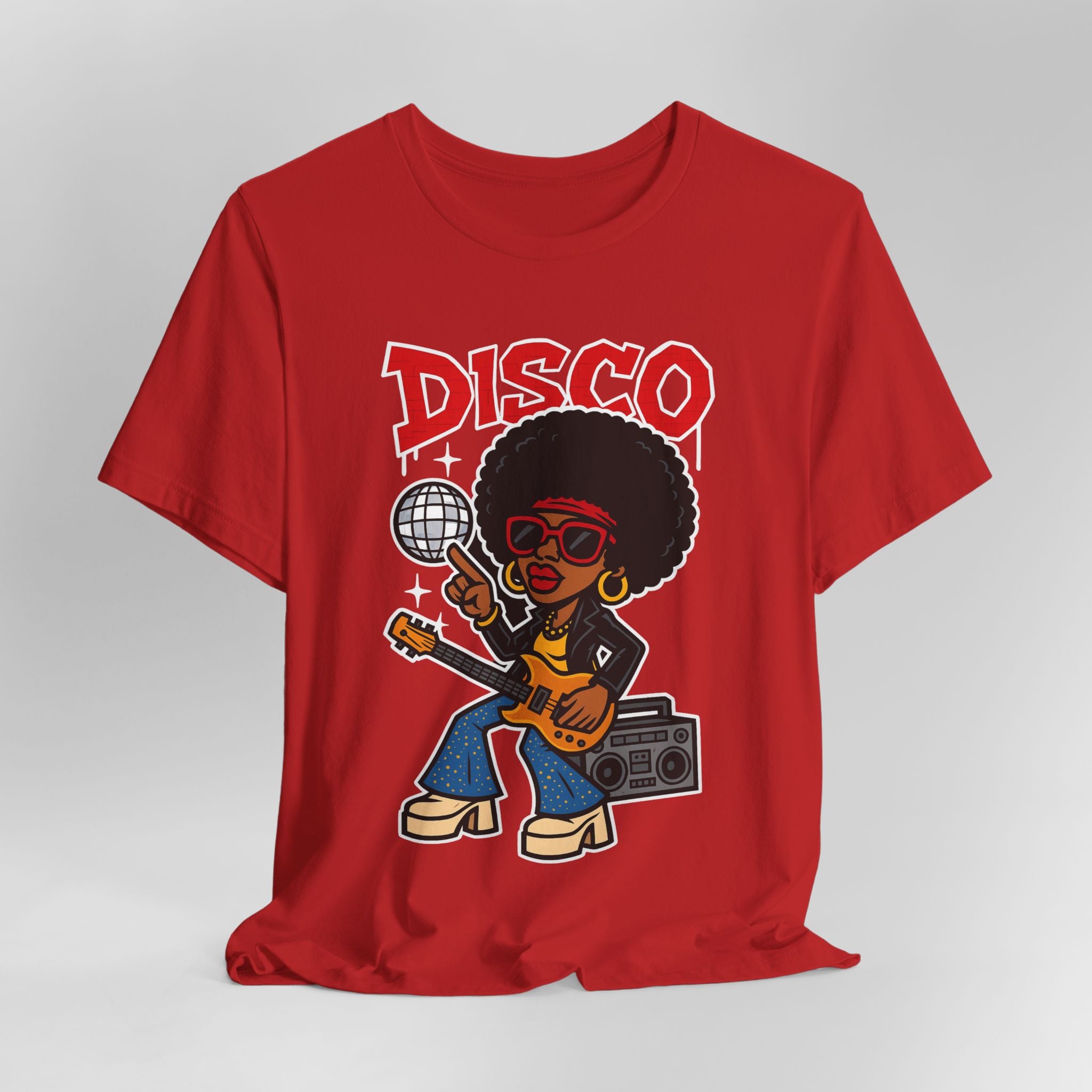Red t-shirt with a graphic of a woman holding a disco ball and guitar, with 'DISCO' text above, on a light gray background.