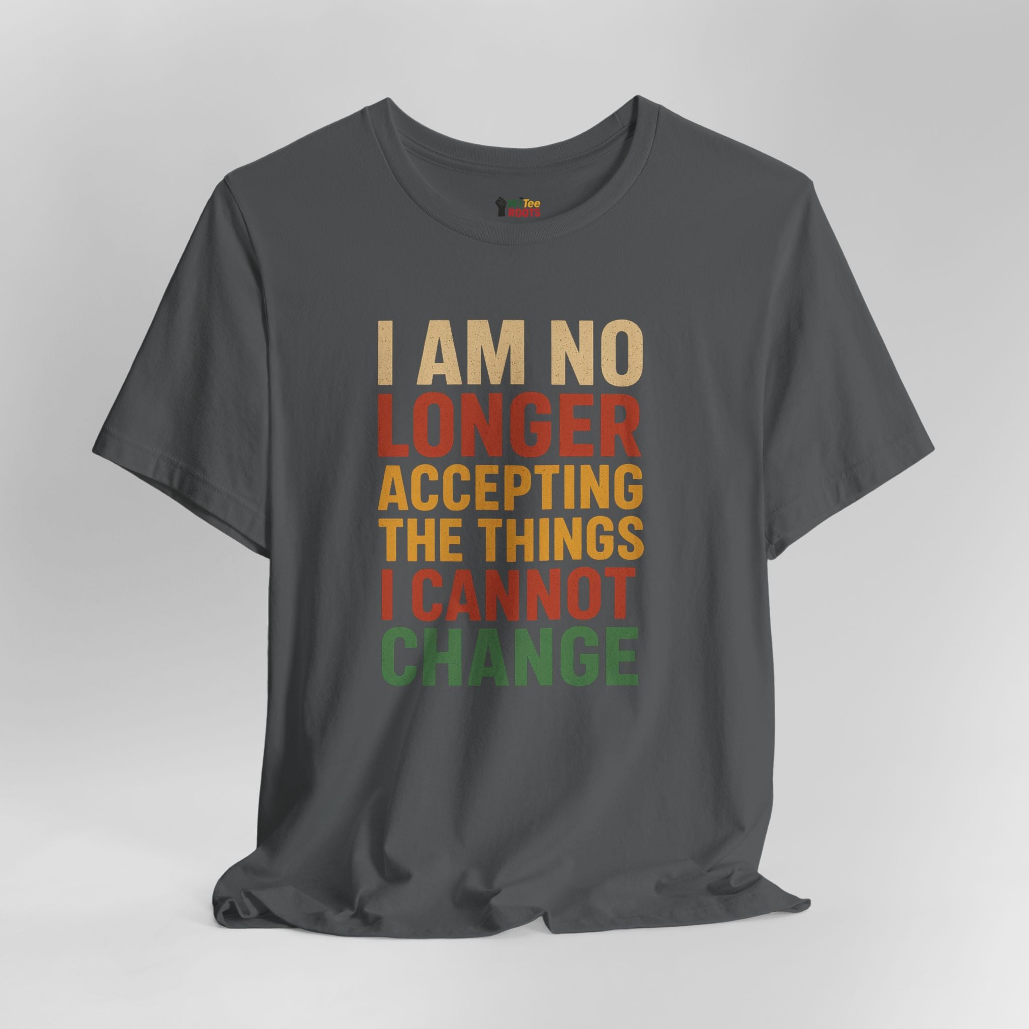 Gray t-shirt with motivational quote in multicolor on a gray background