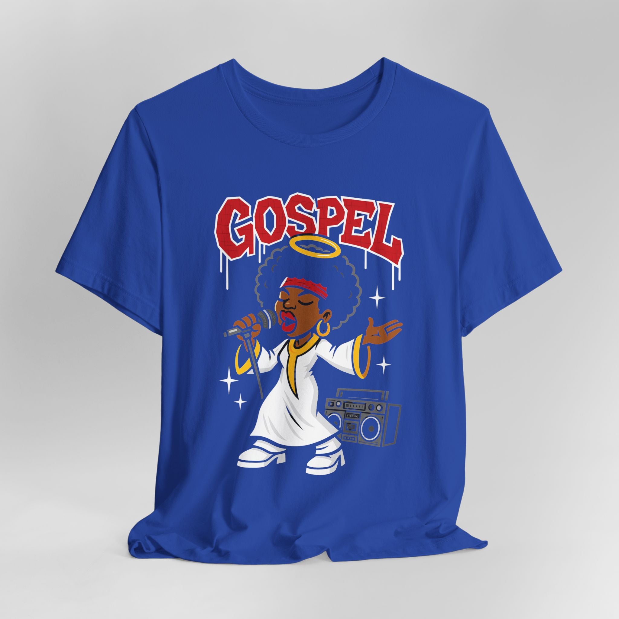 Blue t-shirt with a graphic of a person singing into a microphone and the word 'GOSPEL' above, on a gray background.
