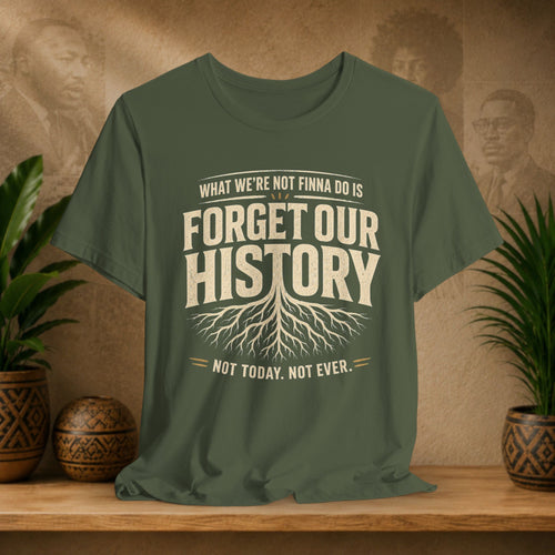 Green t-shirt with 'Forget Our History' text on a wooden surface with plants and a textured wall background