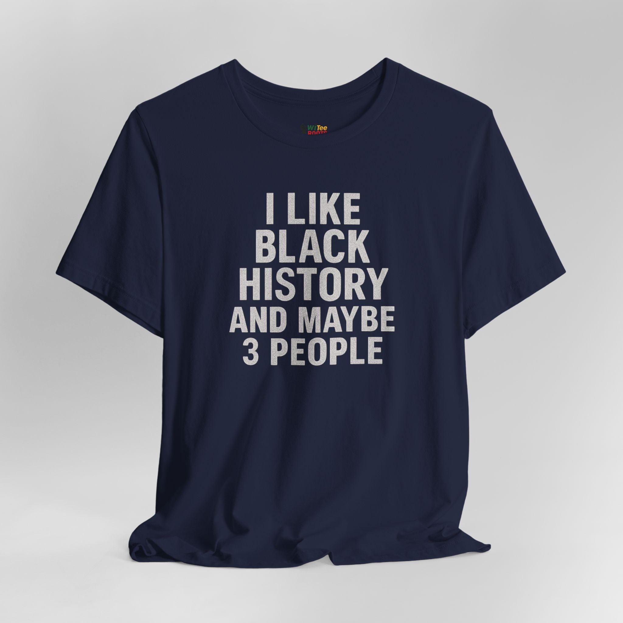 Navy blue t-shirt with white text on a gray background
