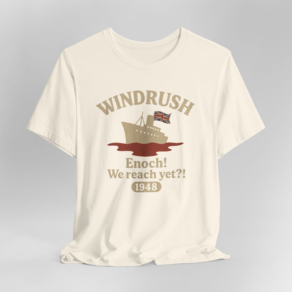 Beige t-shirt with 'Windrush' graphic and text on a gray background