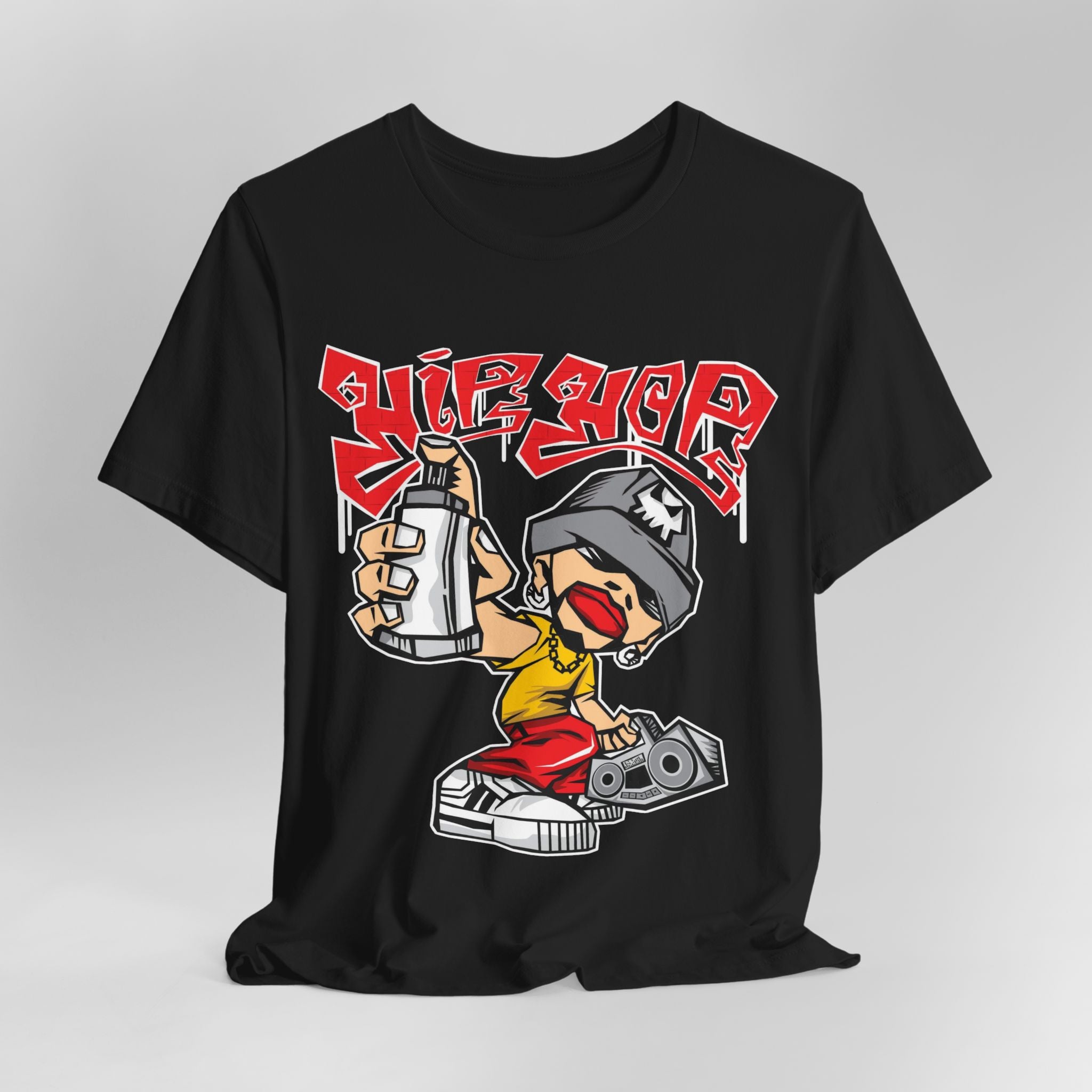 Black t-shirt with a graphic design of a person holding a bottle and wearing headphones, with 'Hip Hop' text above.