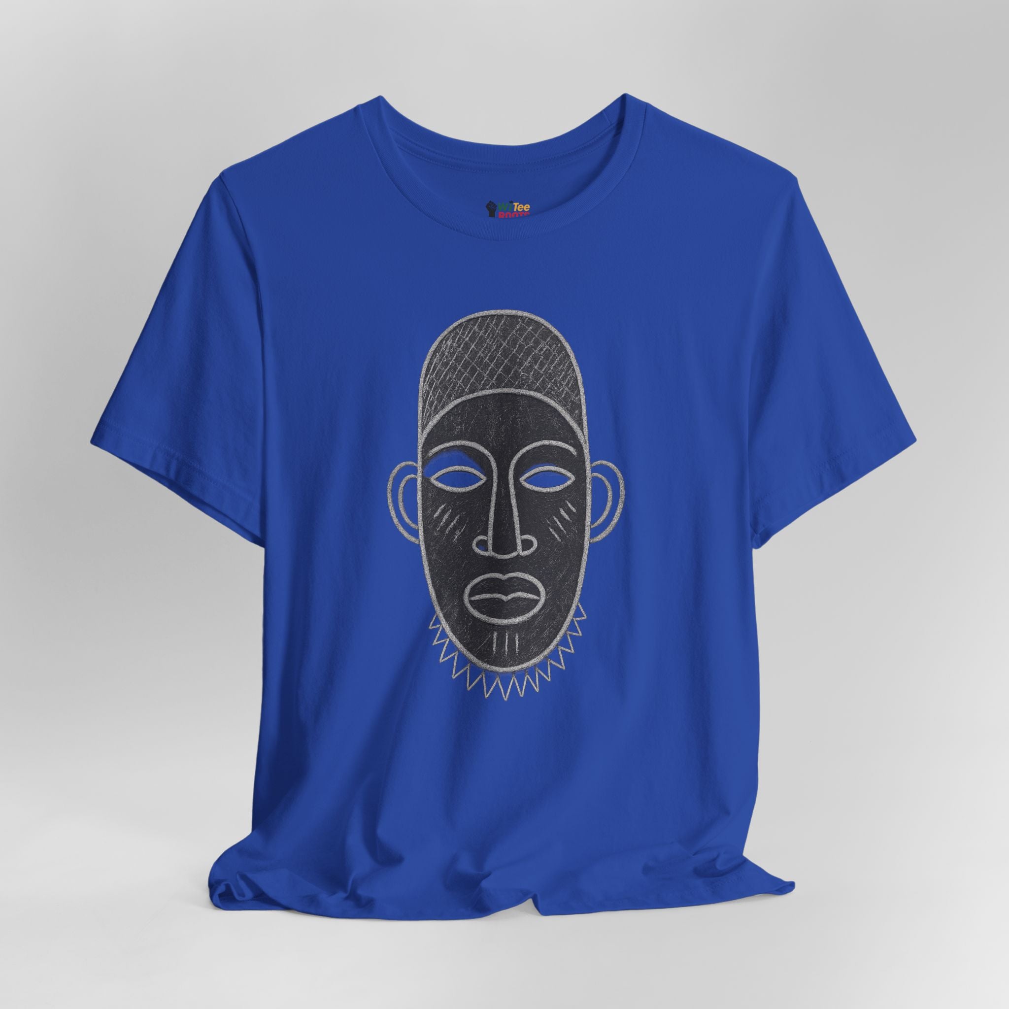 Blue t-shirt with a black face mask design on a gray background