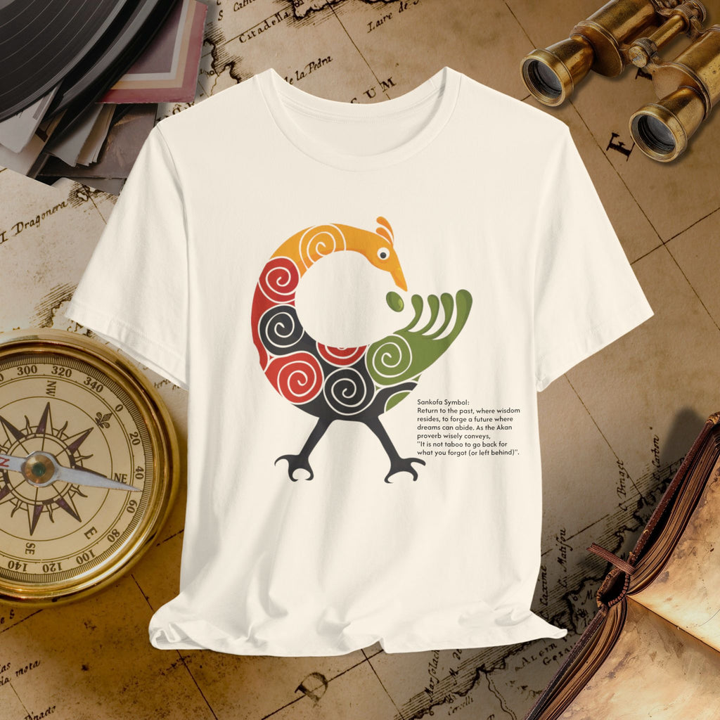 Beige t-shirt with a colorful bird design on a vintage map background