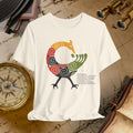 Beige t-shirt with a colorful bird design on a vintage map background