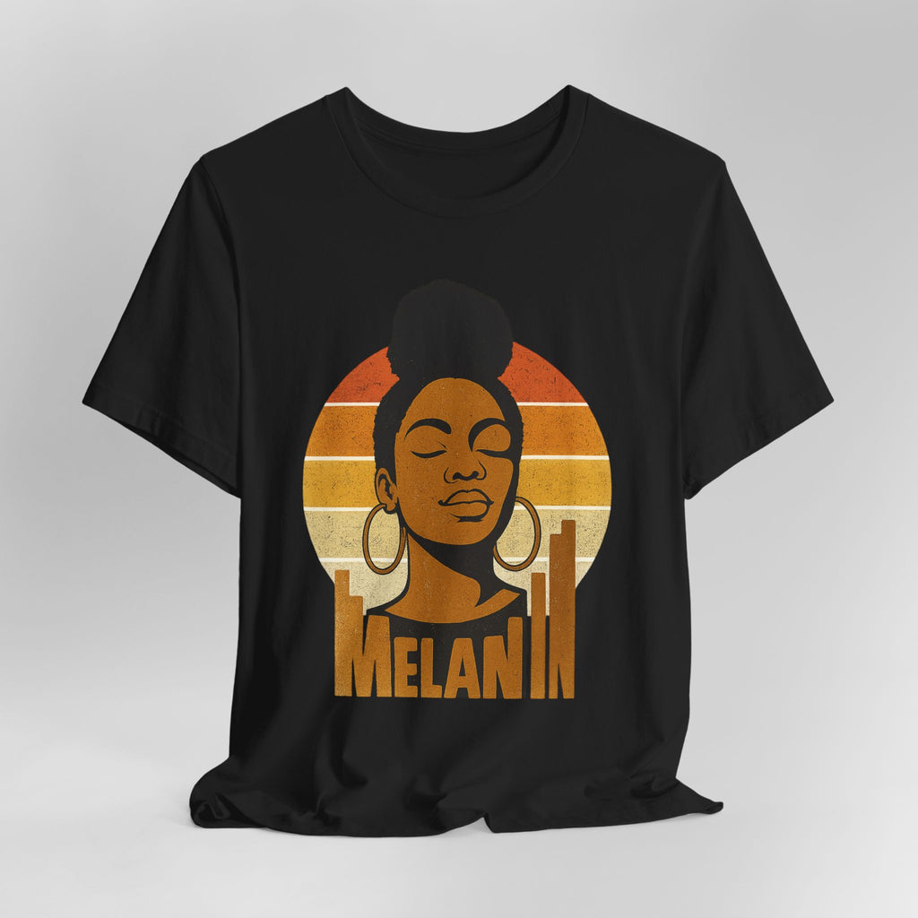 Black t-shirt with a graphic of a woman's face and 'Melanin' text on a gray background