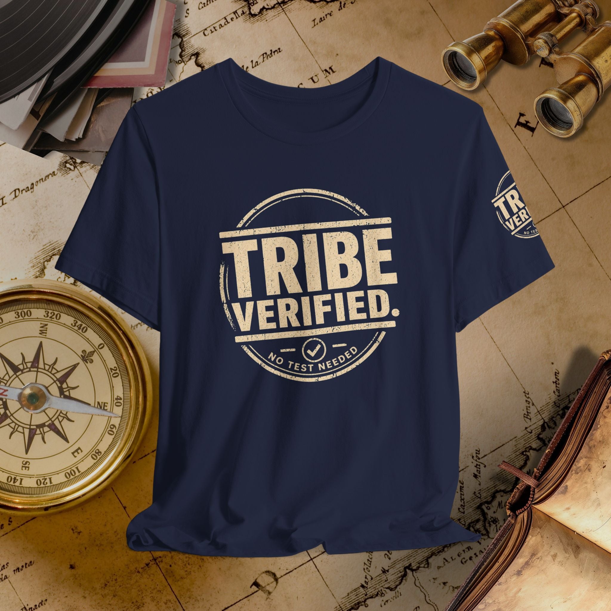 Navy blue t-shirt with 'TRIBE VERIFIED' print on a vintage map background