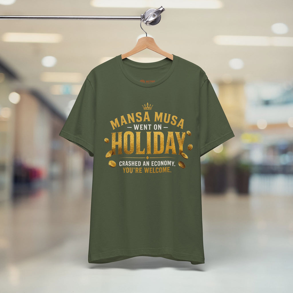 Green t-shirt with humorous text design on a hanger in a store setting