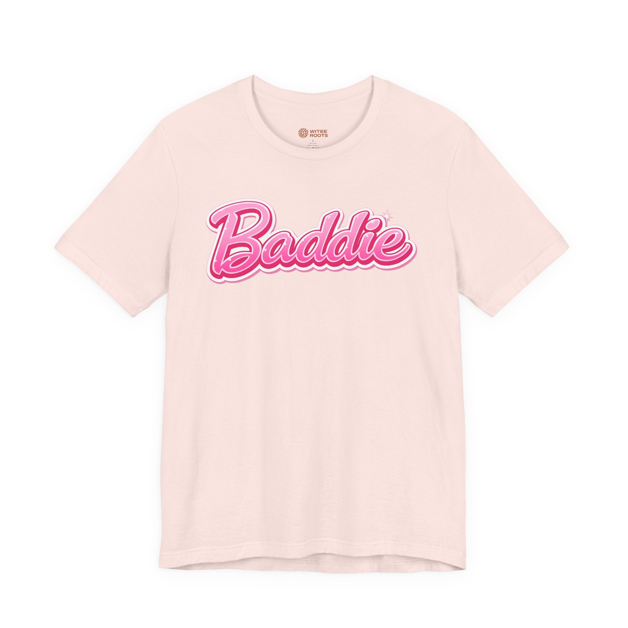 A light pink short-sleeve t-shirt with 'Baddie' printed across the chest in a pink retro bubble font, shown on a plain white background.