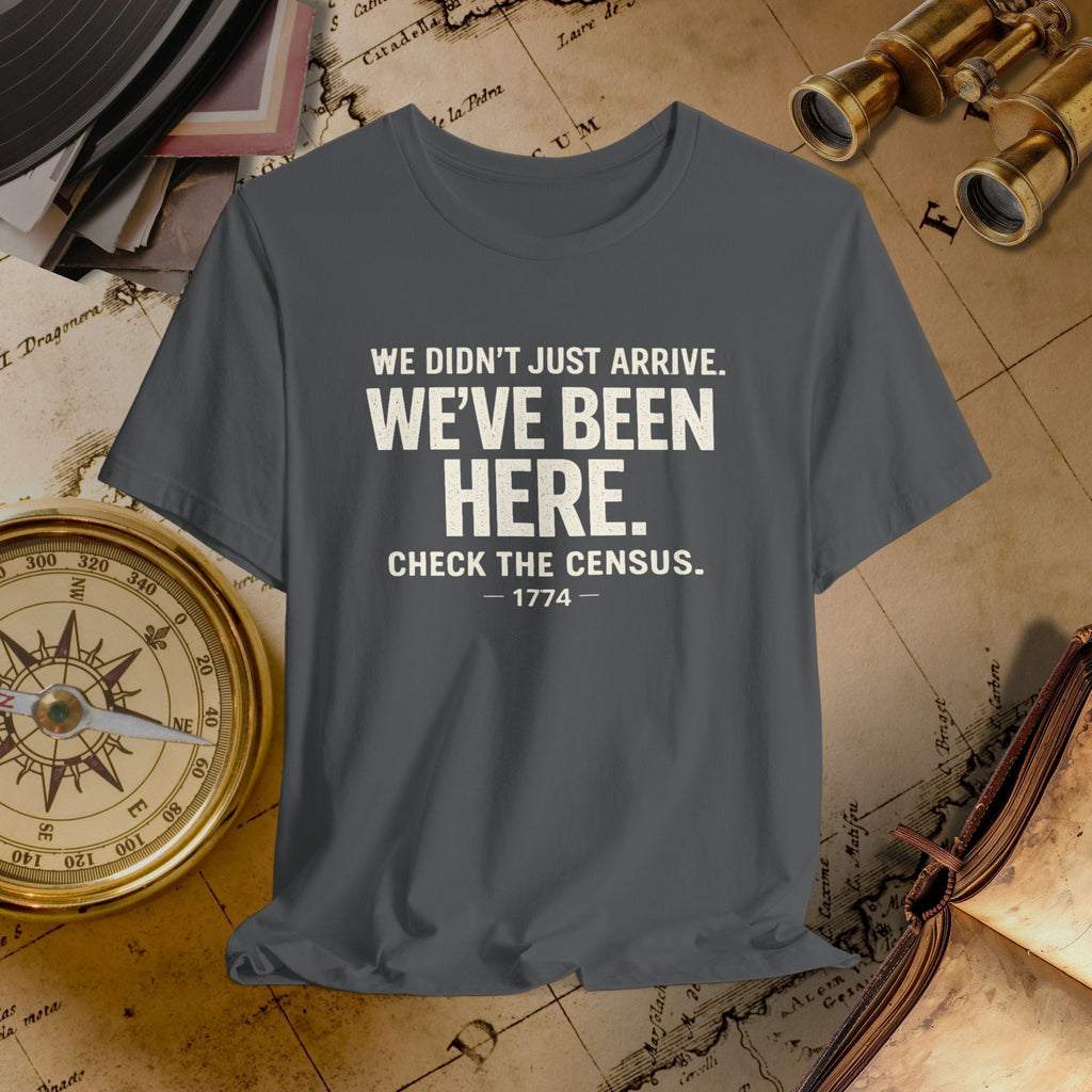Green t-shirt with humorous text on a vintage map background
