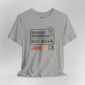 Gray t-shirt with text and graphics on a white background