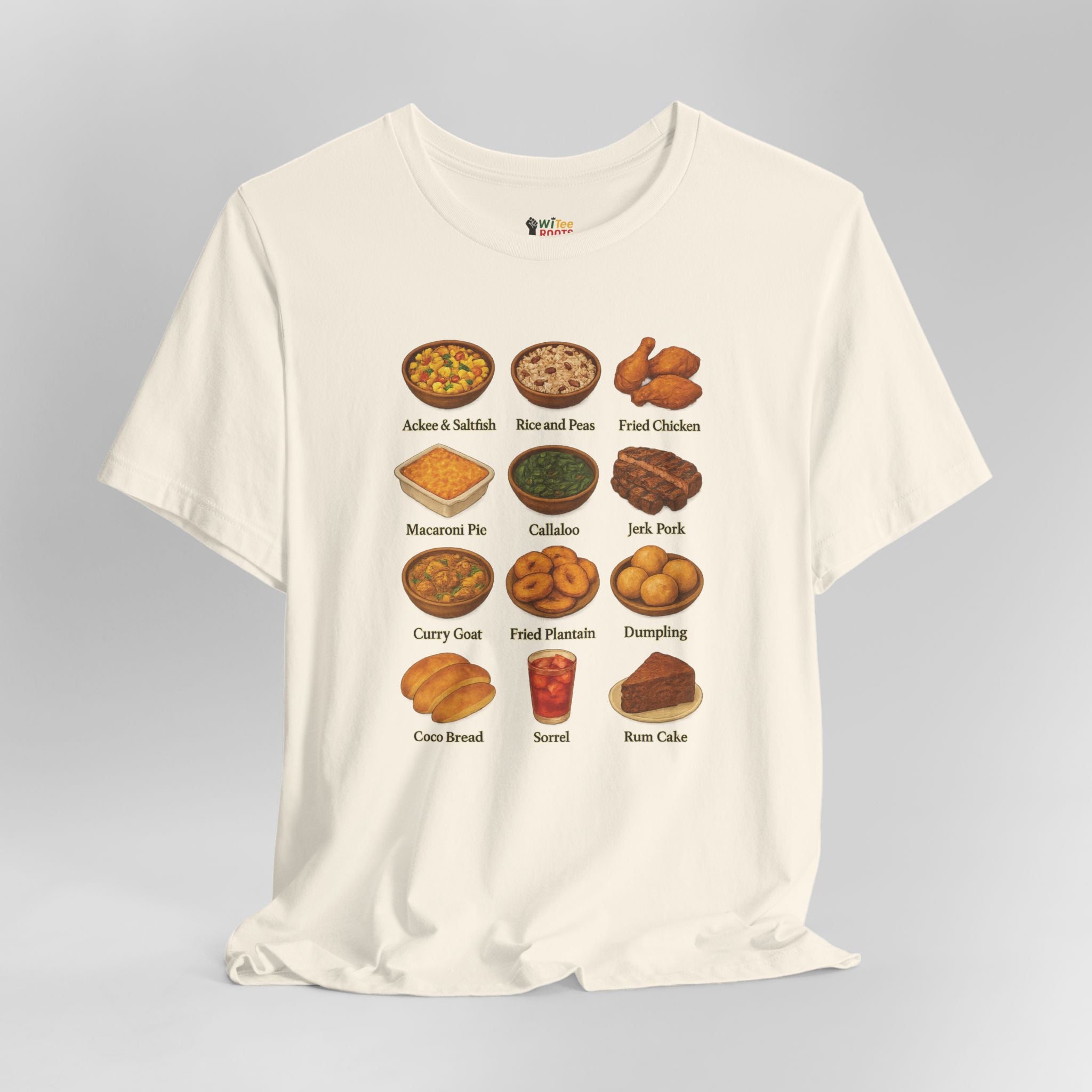 White t-shirt with food illustrations and text on a gray background