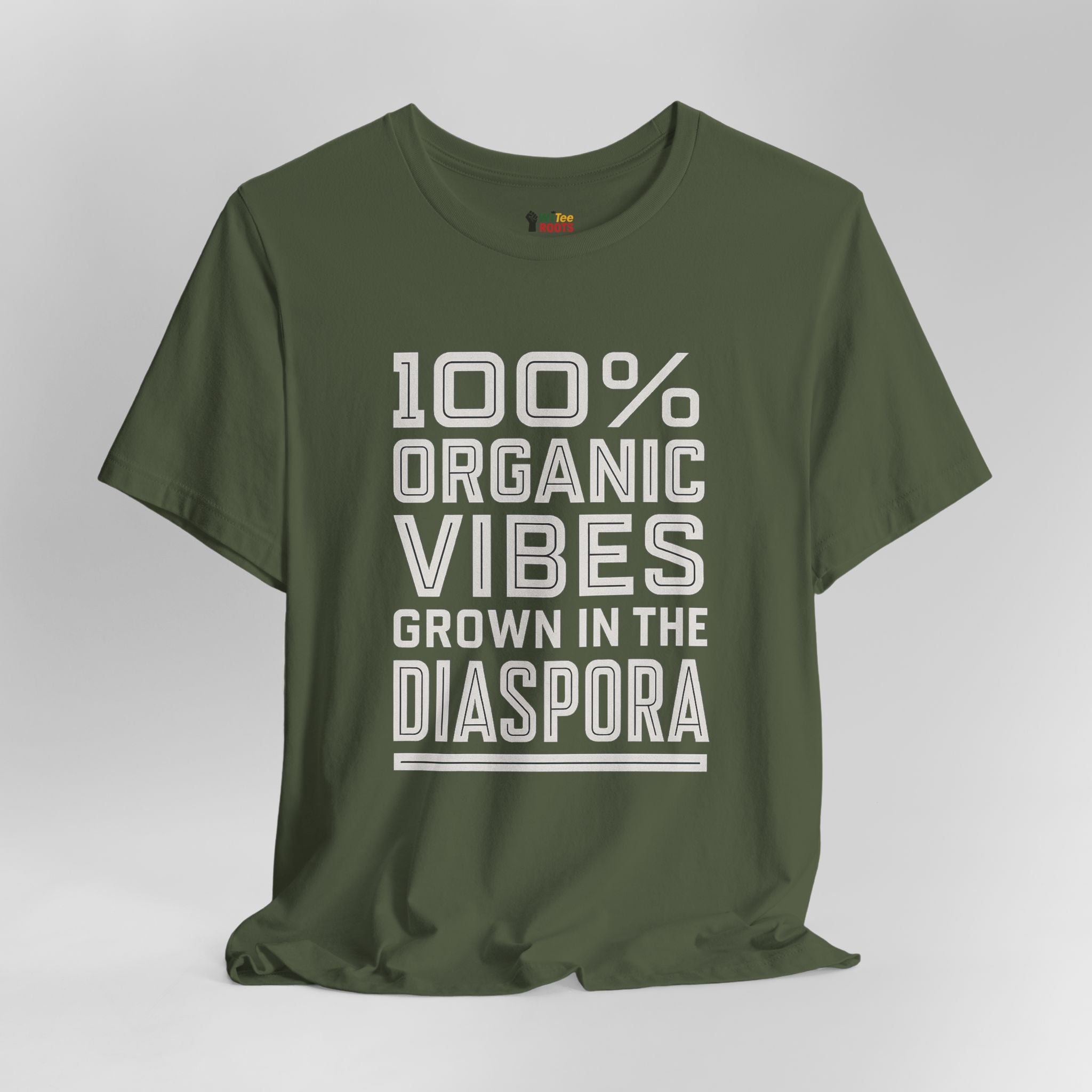 Green t-shirt with white text on a gray background