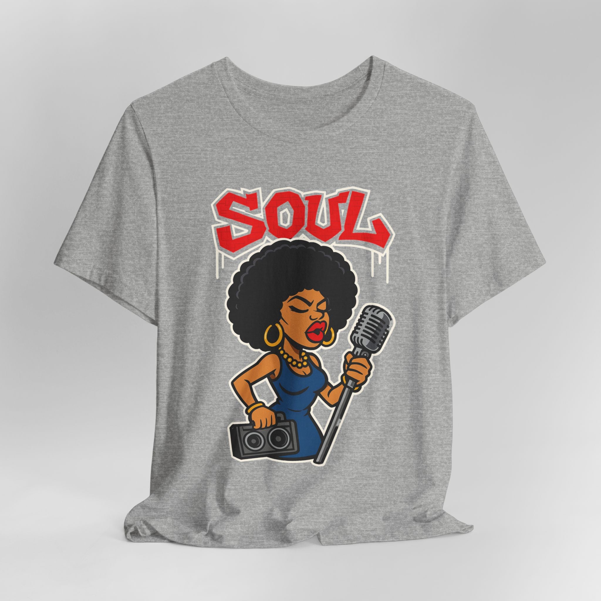 Gray t-shirt with a graphic of a woman holding a microphone and the word 'SOUL' on a gray background