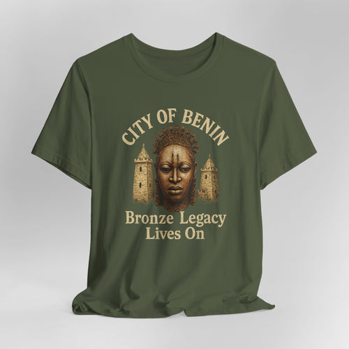 Green t-shirt with 'City of Benin Bronze Legacy Lives On' design on a gray background