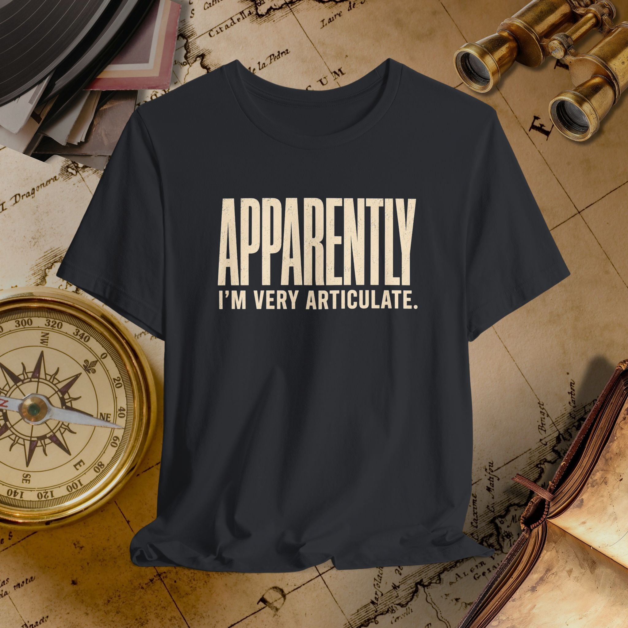 Black t-shirt with 'APPROPRIATELY I'M VERY ARTICULATE' text on a vintage map background