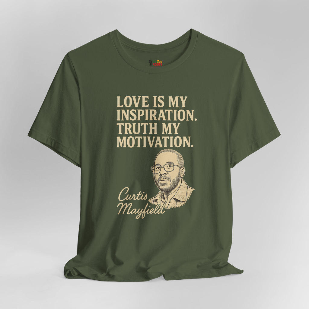 Green t-shirt with text and a portrait on a gray background