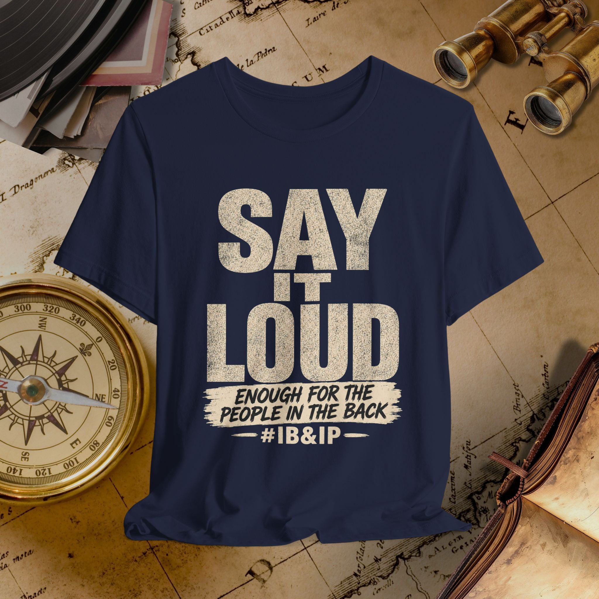 Navy blue t-shirt with white text on a vintage map background