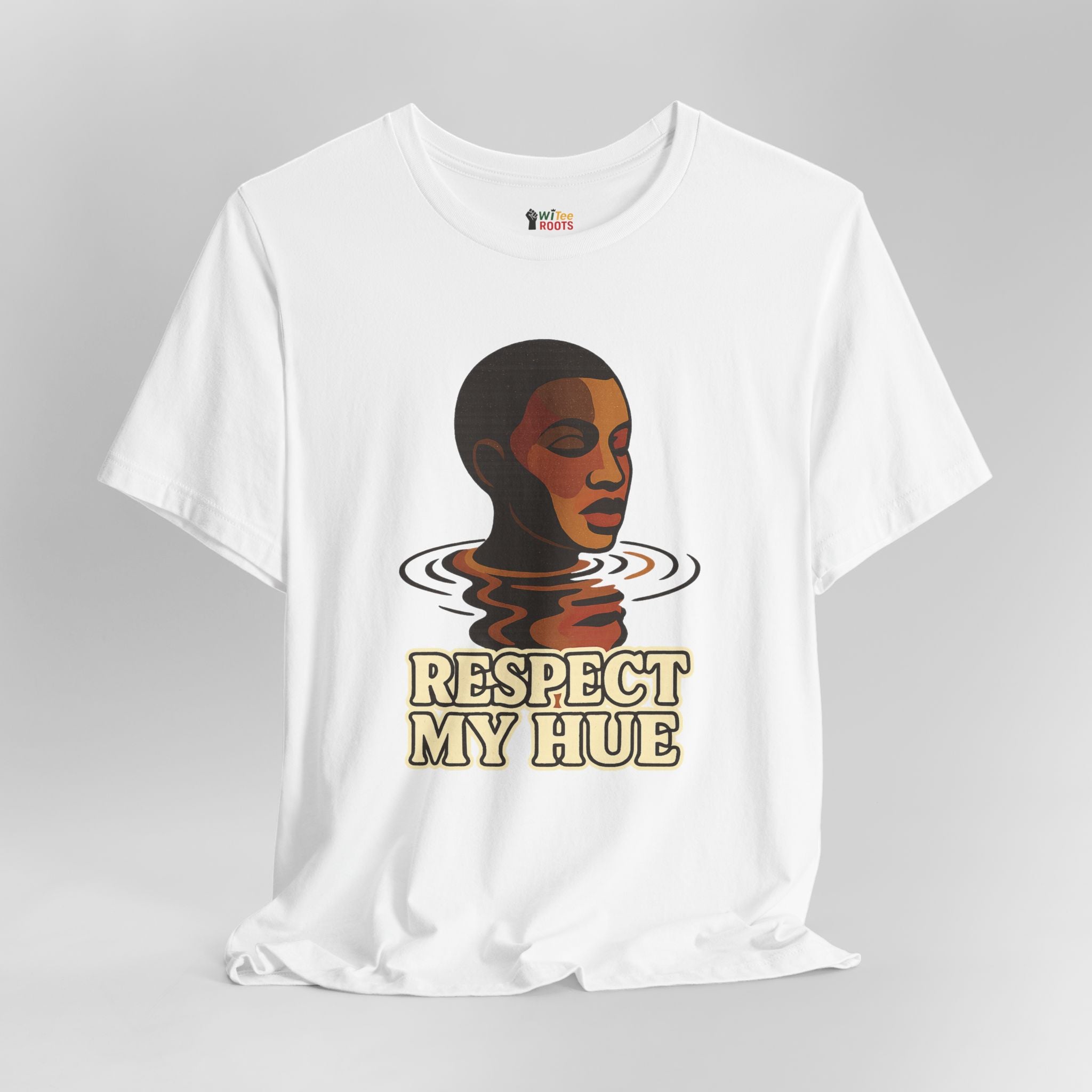 White t-shirt with a graphic of a woman's face and 'Respect My Hue' text on a gray background