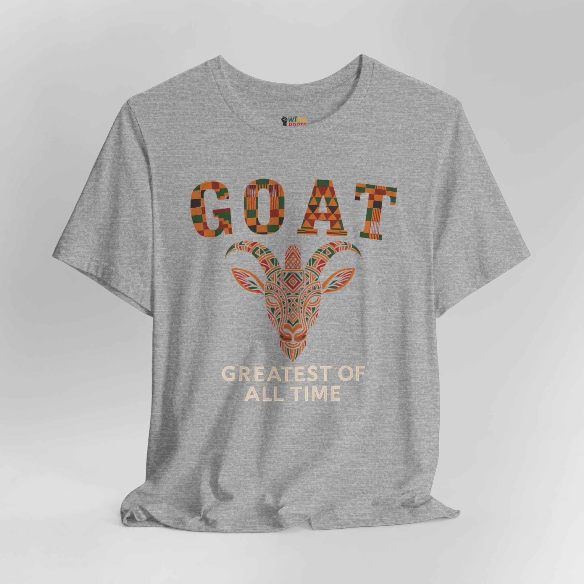 Gray t-shirt with a colorful goat graphic and text on a white background