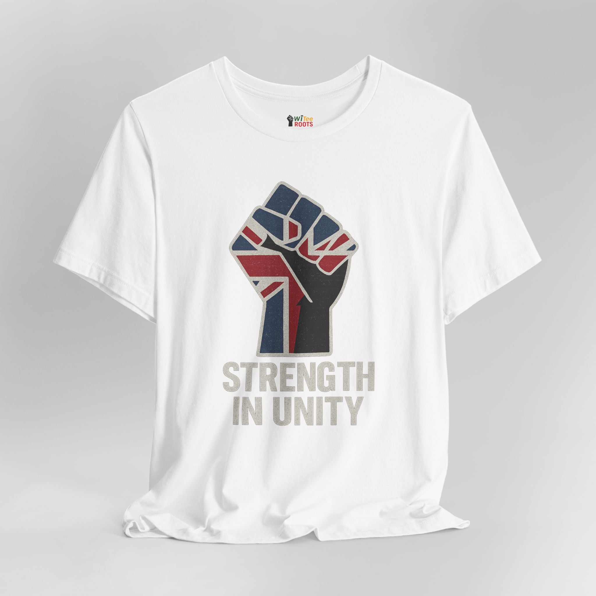 White t-shirt with a fist holding the Union Jack and 'Strength in Unity' text on a gray background