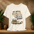 Beige t-shirt with a graphic design featuring text and a ship on a wooden shelf with plants and a brown background.