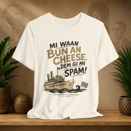 Beige t-shirt with a graphic design featuring text and a ship on a wooden shelf with plants and a brown background.