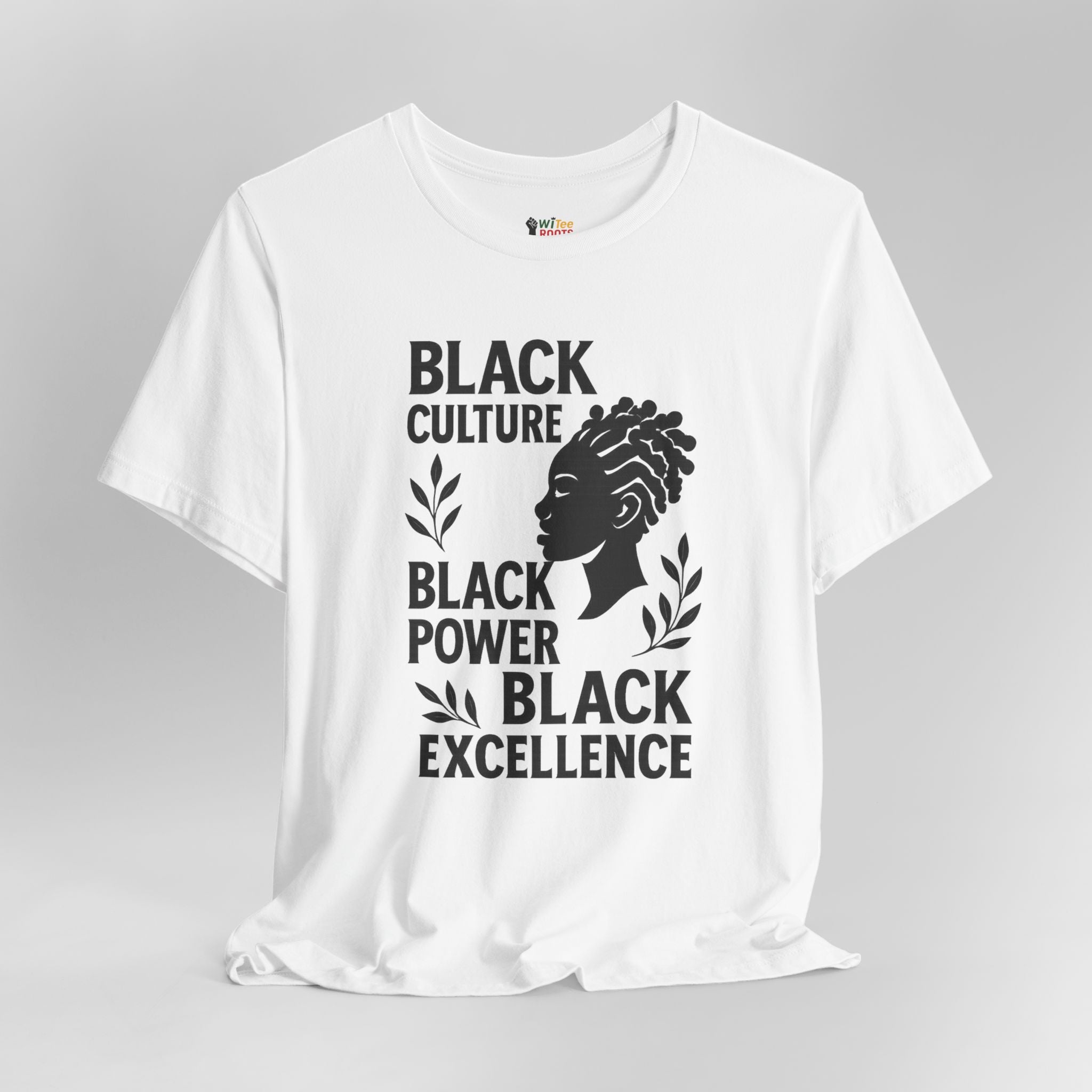 White t-shirt with black text and graphic on a gray background