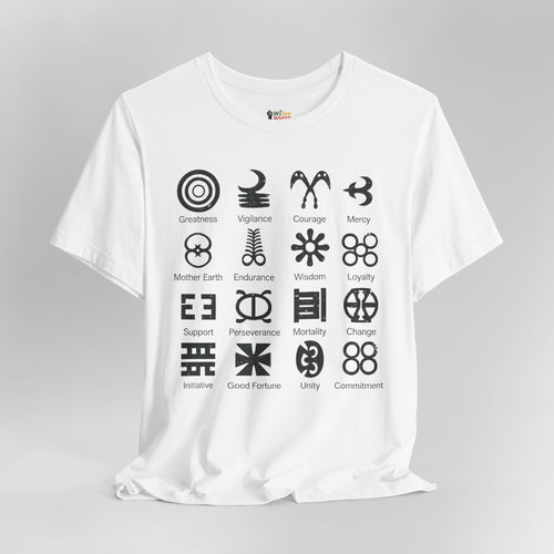 White t-shirt with black symbols and corresponding words on a gray background