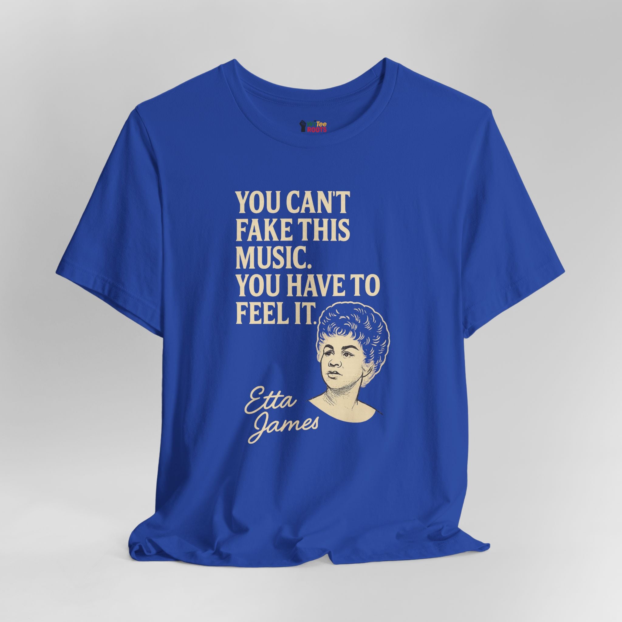Blue t-shirt with text and a portrait on a gray background