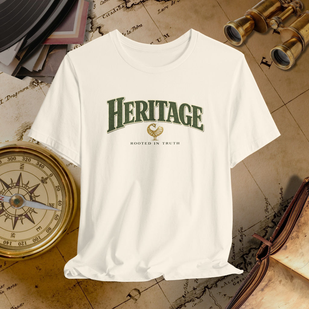 Beige t-shirt with 'Heritage' text on a vintage map background