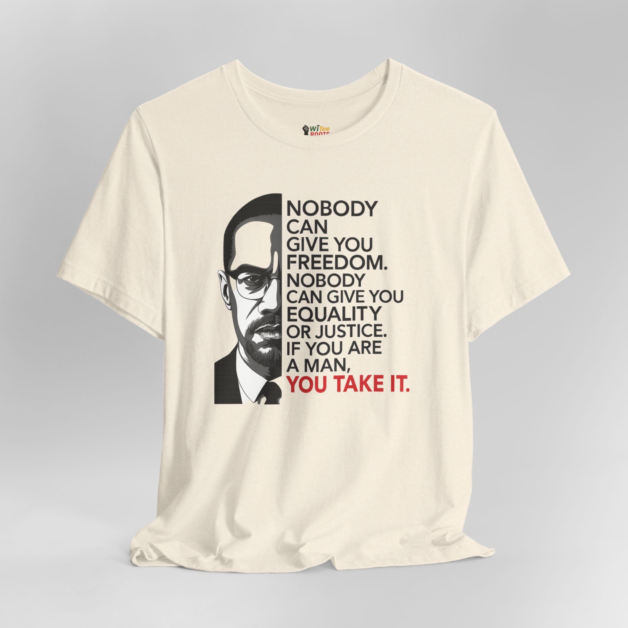 White t-shirt with a graphic and text on a gray background