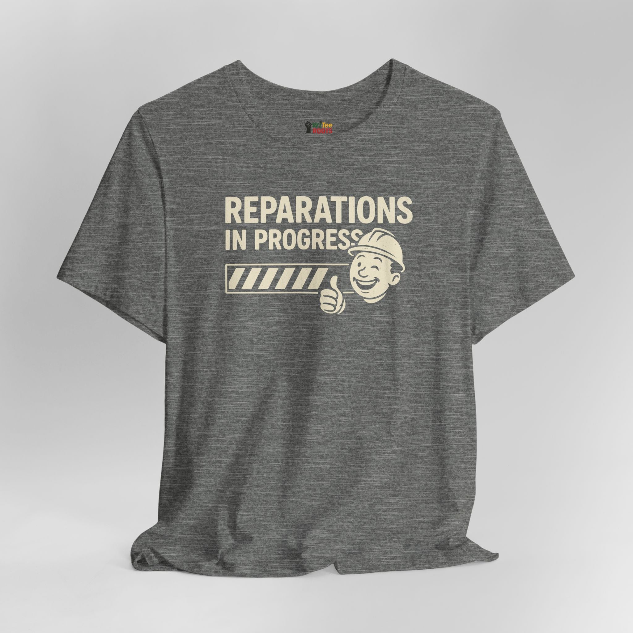 Gray t-shirt with 'Reparations in Progress' graphic on a light gray background