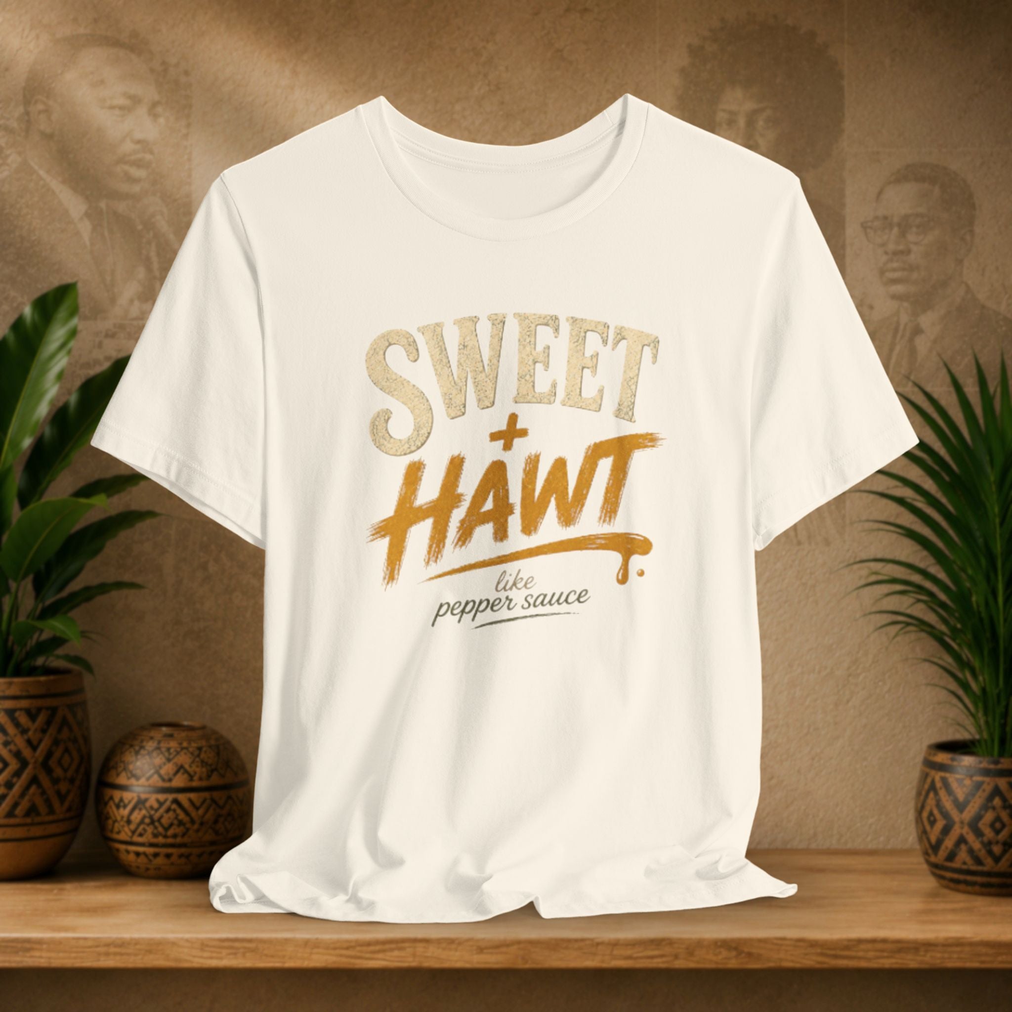 Beige t-shirt with a message on a wooden surface with plants and a textured wall in the background
