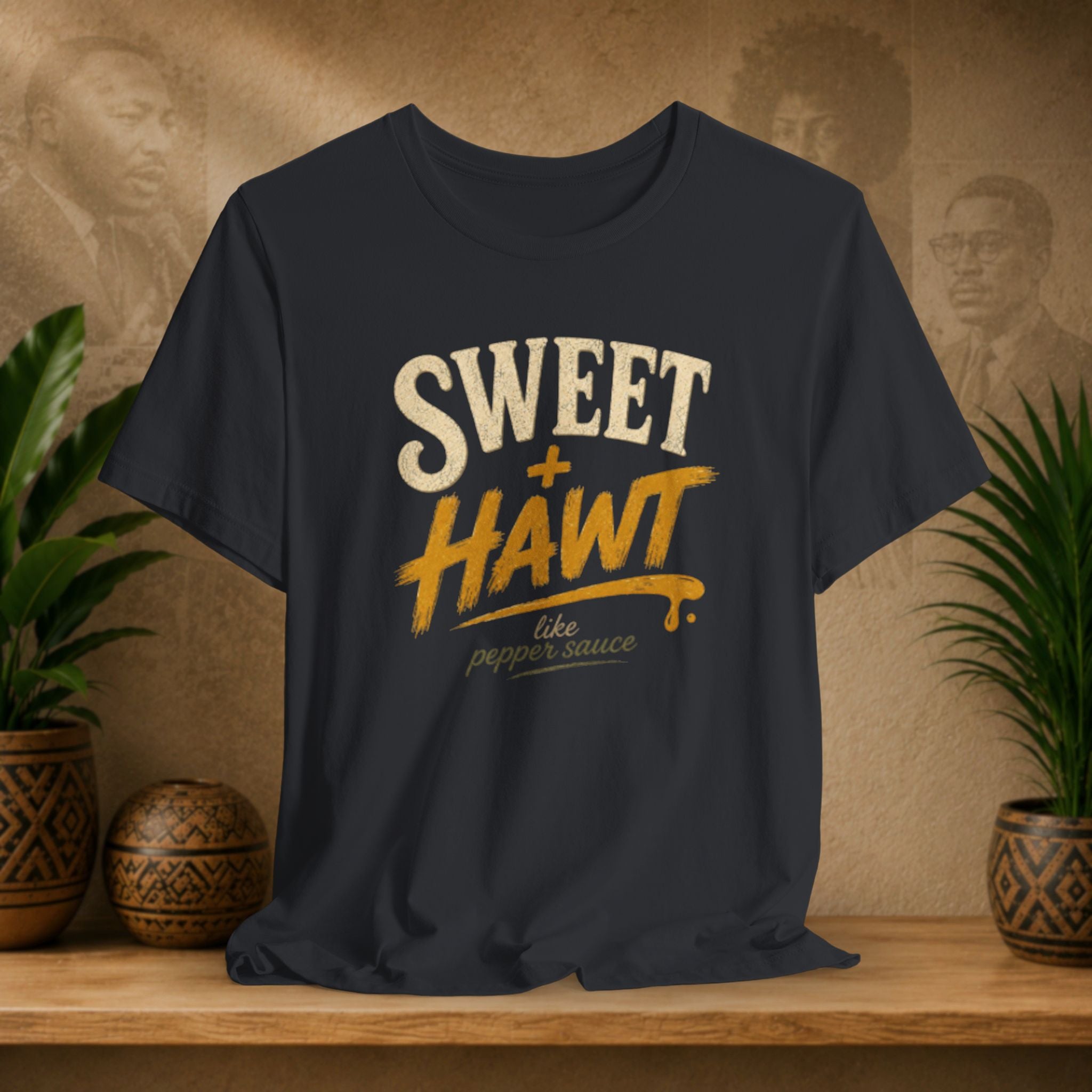 A black graphic t-shirt displayed on a wooden shelf, flanked by potted plants and decorative vases against a textured beige background with vintage portraits. The t-shirt features a distressed graphic reading 'SWEET + HAWT like pepper sauce' in cream and mustard yellow.