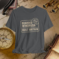 Gray t-shirt with 'Boarded Windrush Built Britain' text on a vintage map background