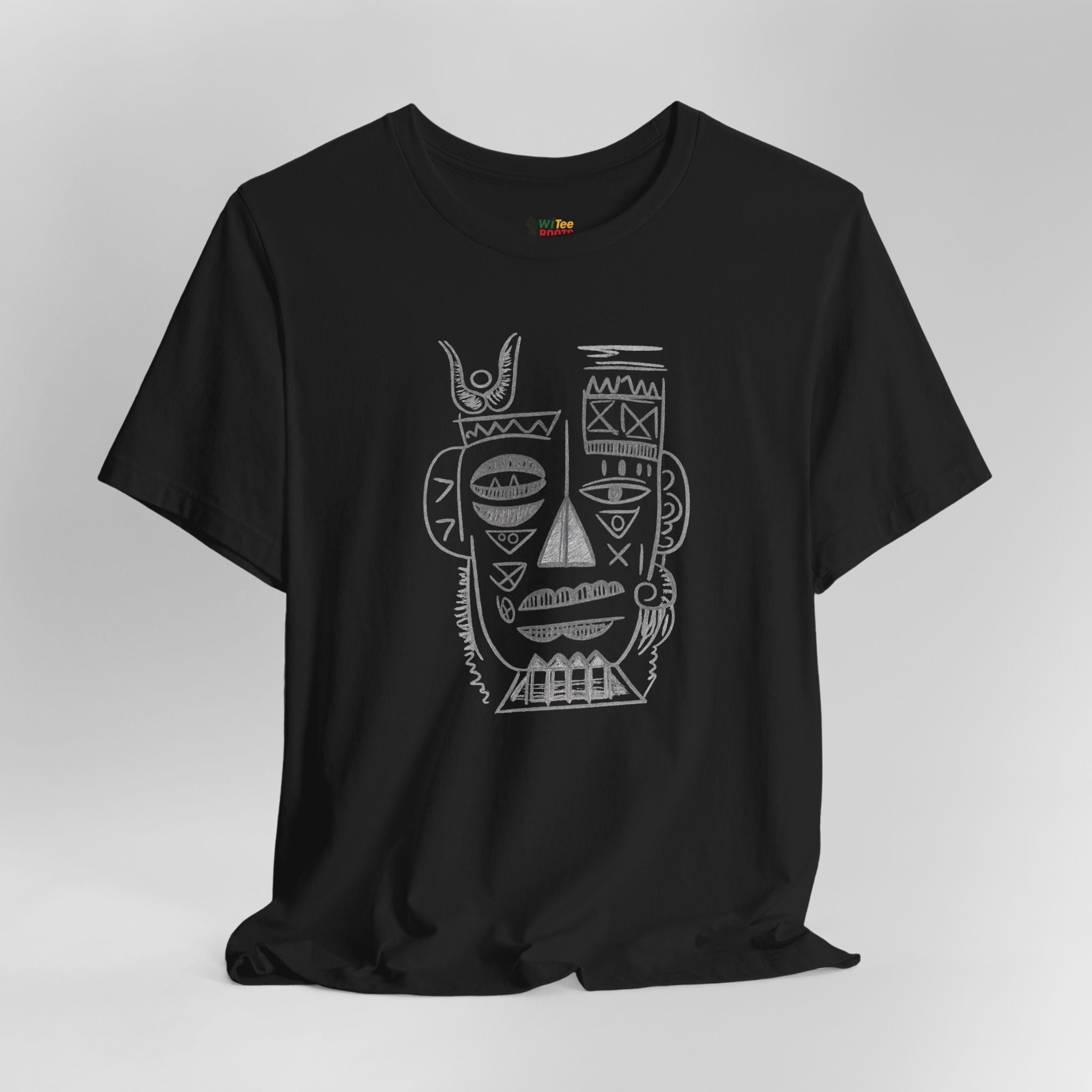 Black t-shirt with a white tribal face design on a gray background