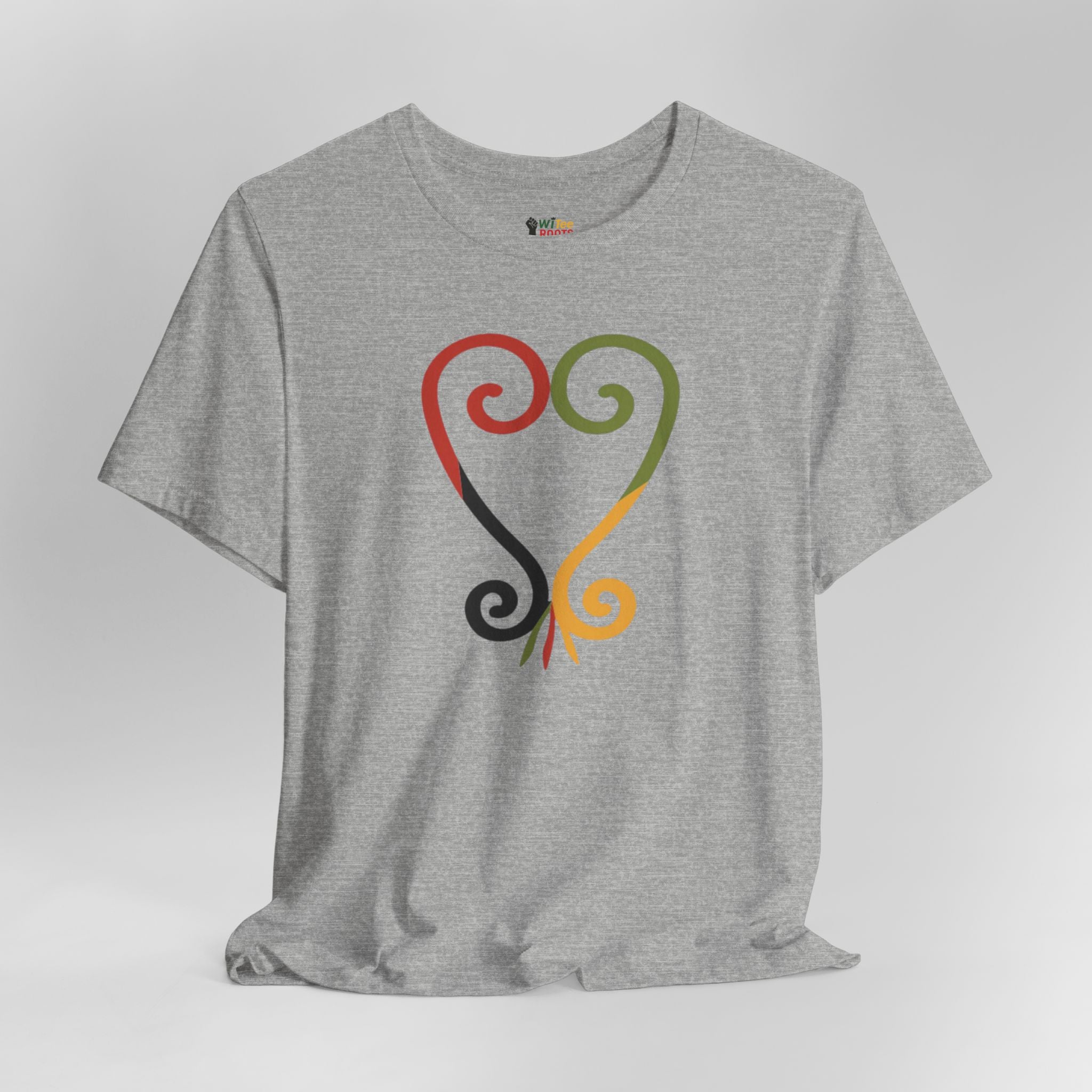 Gray t-shirt with colorful abstract design on a light gray background