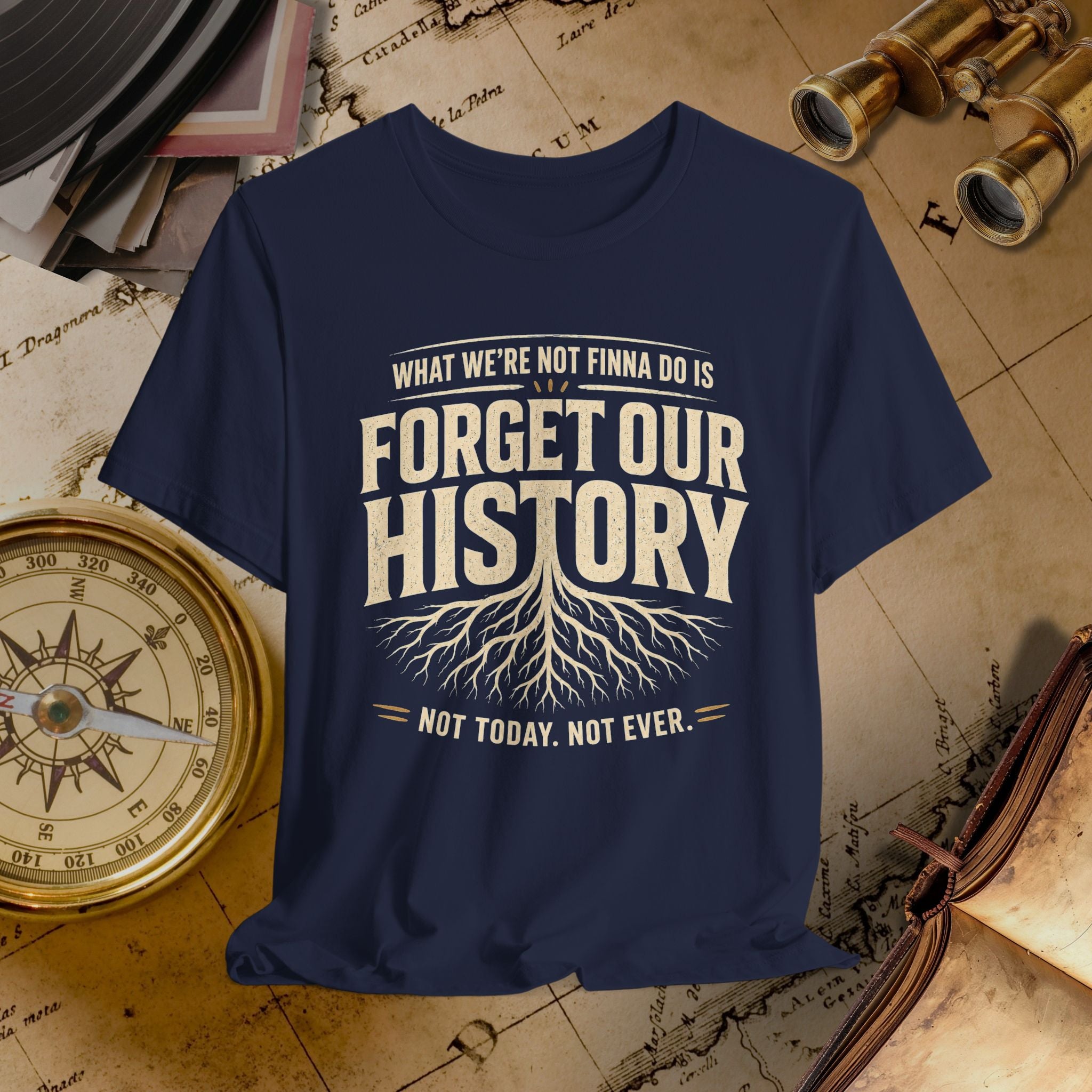 Navy blue t-shirt with 'Forget Our History' text on a vintage map background