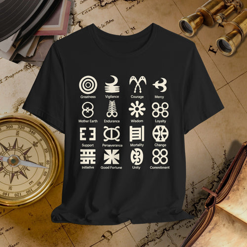 Black t-shirt with white symbols and text on a vintage map background
