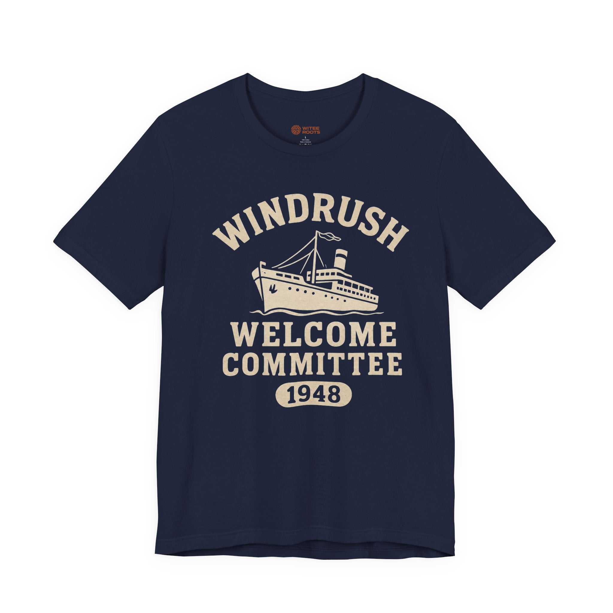 Navy blue t-shirt with 'Windrush Welcome Committee 1948' print on a white background