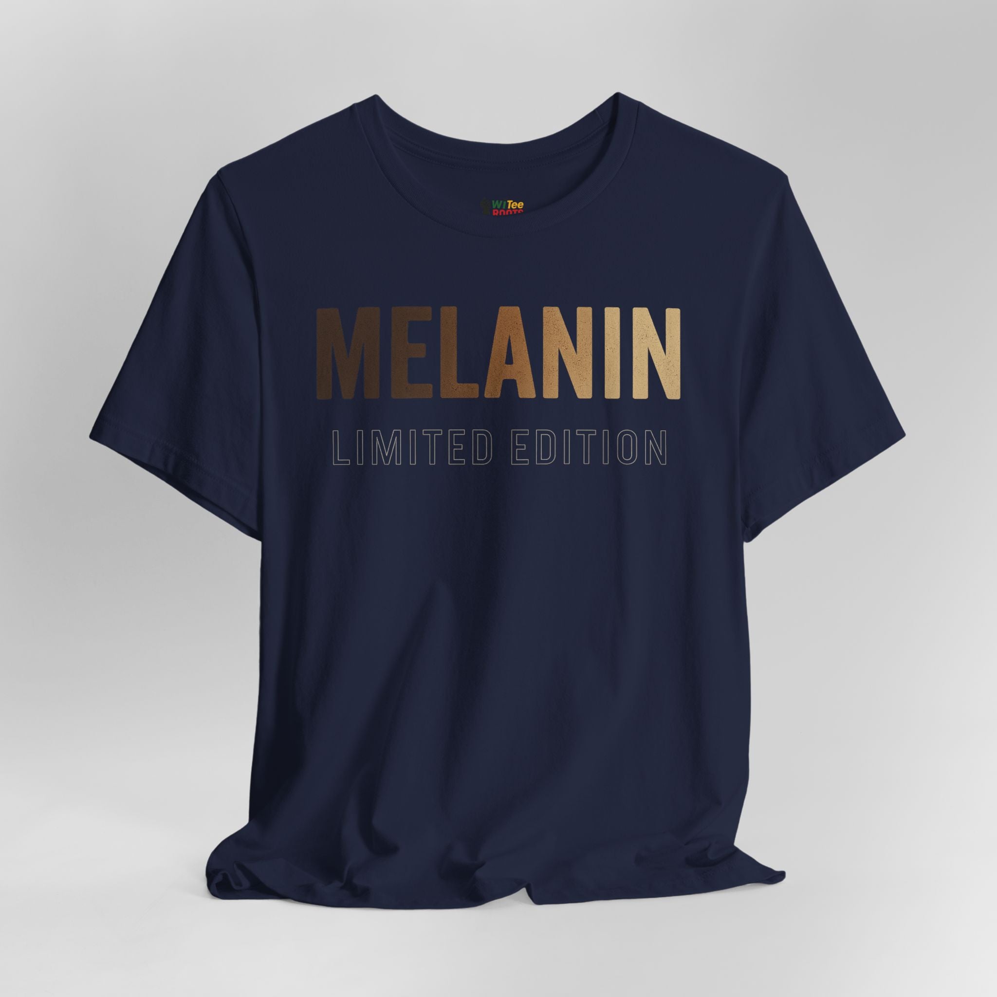 Navy blue t-shirt with 'MELANIN LIMITED EDITION' text on a gray background