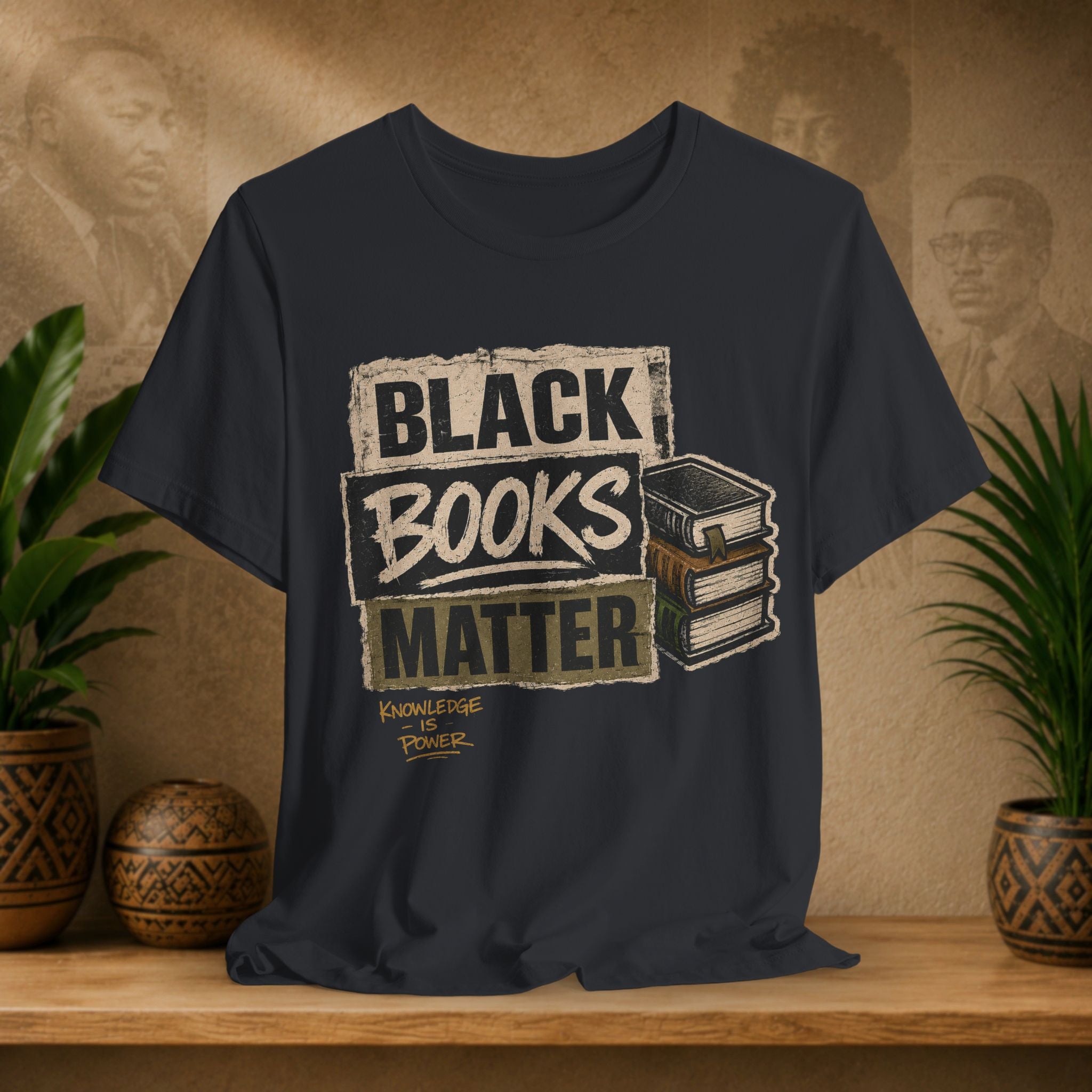 Black t-shirt with 'Black Books Matter' graphic on a wooden shelf with plants and decorative items.